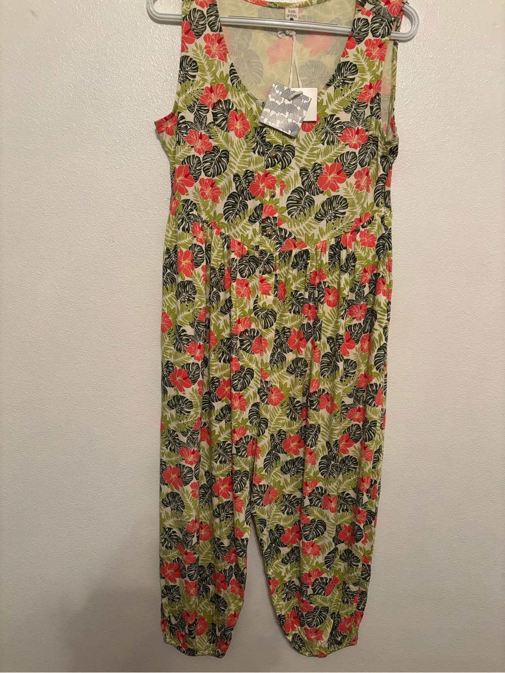 kate quinn Coral & Green Tropical Print Sleeveless Jumpsuit NWT M